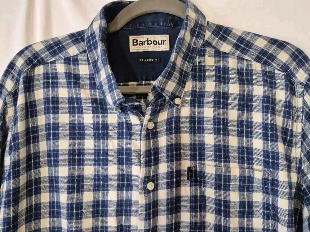 Barbour Theo Bramwell Tailored Fit Cotton Flannel Check Shirt Blue Large